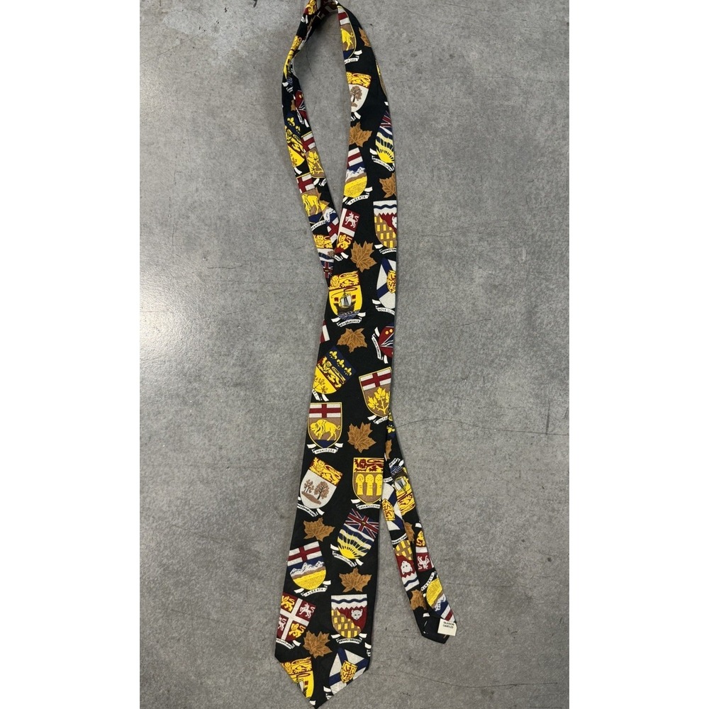 eaton brand black 100% silk tie, canada canadian‎ territories crest necktie